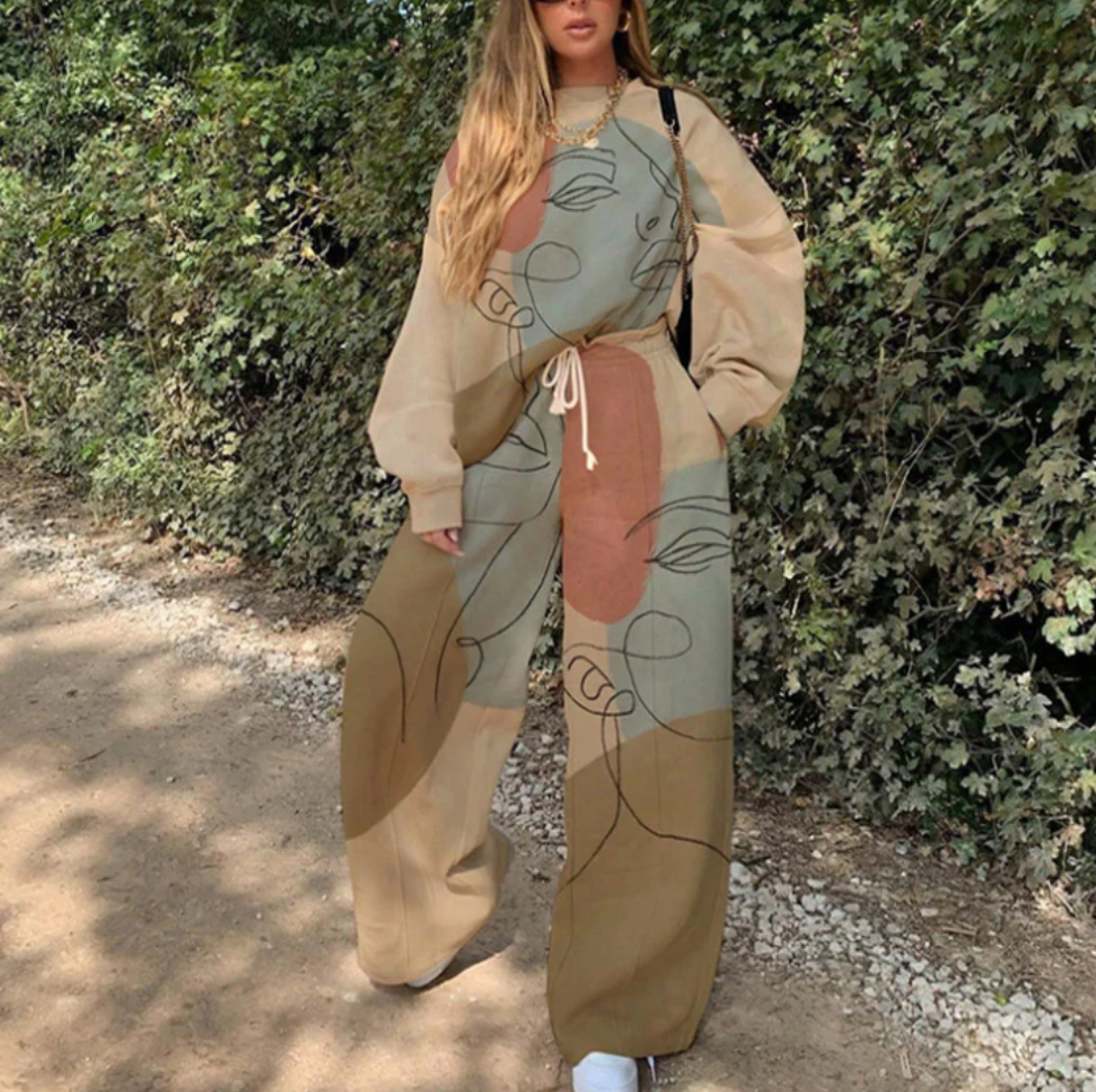 Damträningsoverall - Löst Passform - Abstrakt Mönster - Sweatshirt & Vida Byxor