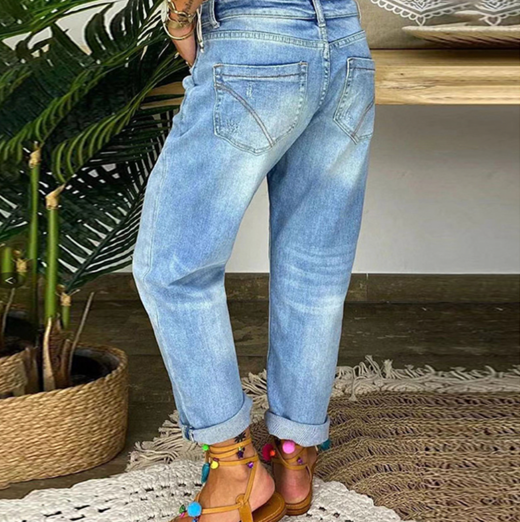 Damjeans - Hög Midja - Knappgylf - Lös Passform - Distressed med Upprullade Benslut