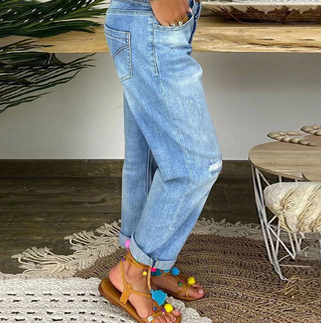 Damjeans - Hög Midja - Knappgylf - Lös Passform - Distressed med Upprullade Benslut