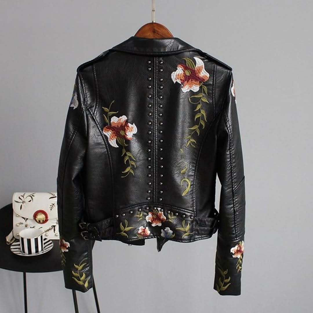 Dam Bikerjacka - Äkta Läder - Asymmetrisk Dragkedja - Broderade Detaljer