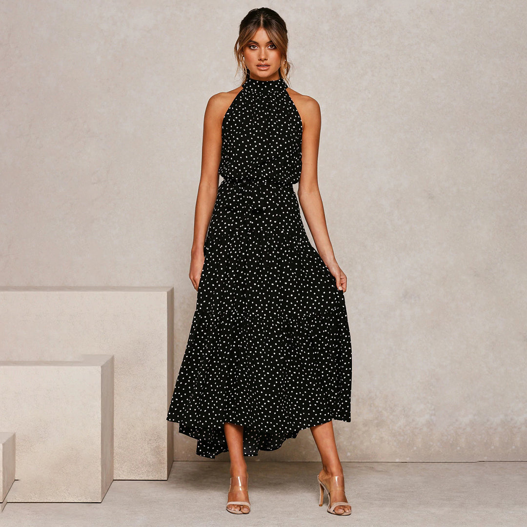 Dam Klänning - Halterneck Polka Dot - Figursydd Midja - Flödande Midi Modell