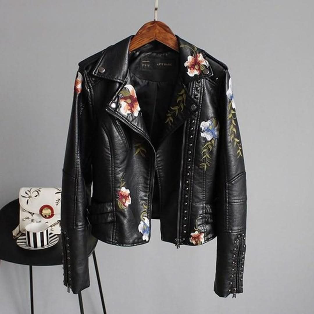 Dam Bikerjacka - Äkta Läder - Asymmetrisk Dragkedja - Broderade Detaljer