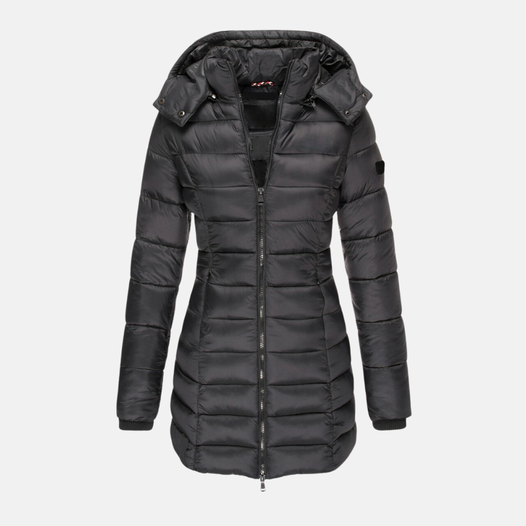 Dam Pufferjacka – Slim Fit – Quiltad – Mellanlång – Huva – Muddade Ärmslut