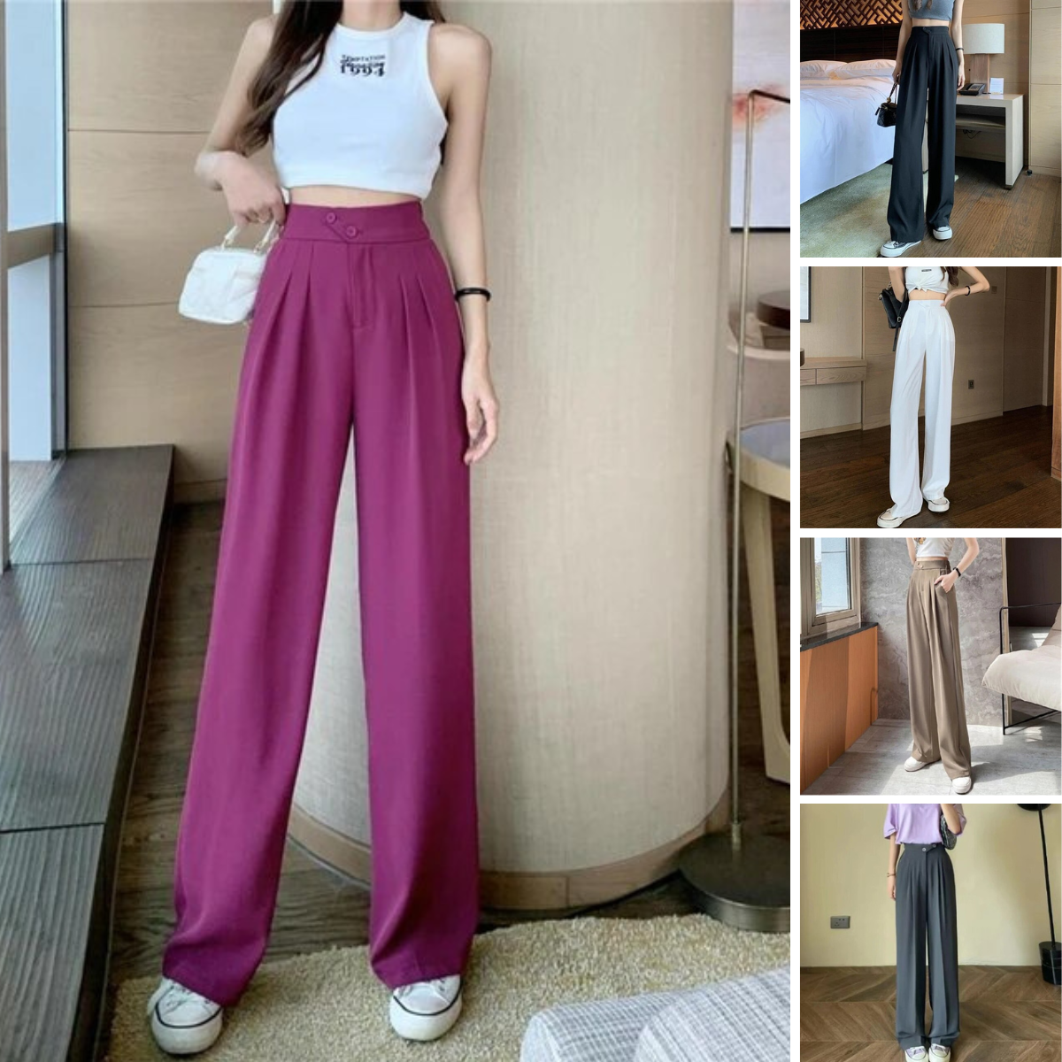 Dam Byxor - Hög Midja - Vida Ben - Elegant Skräddad Look - Veckade Framtill