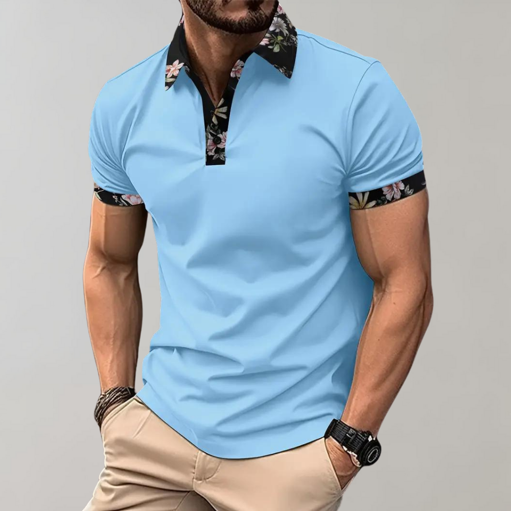 Herr Pikétröja – Slim Fit – Andningsbart Tyg – Blommigt Krag- och Ärm Detalj – Kort Ärm