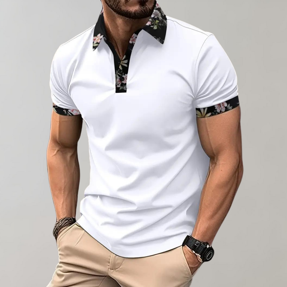 Herr Pikétröja – Slim Fit – Andningsbart Tyg – Blommigt Krag- och Ärm Detalj – Kort Ärm