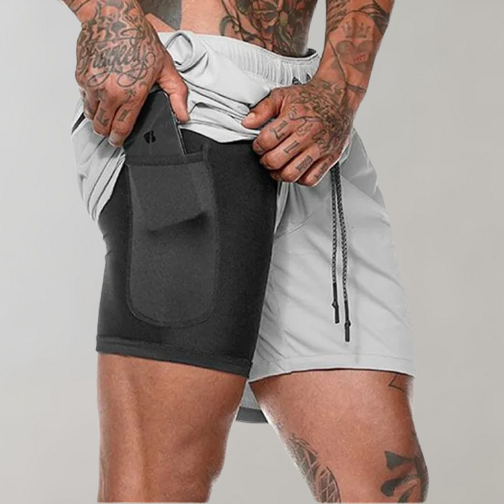 Herr träningsshorts – Slim Fit – 2-i-1 design – Andningsbart stretchtyg – Innerficka