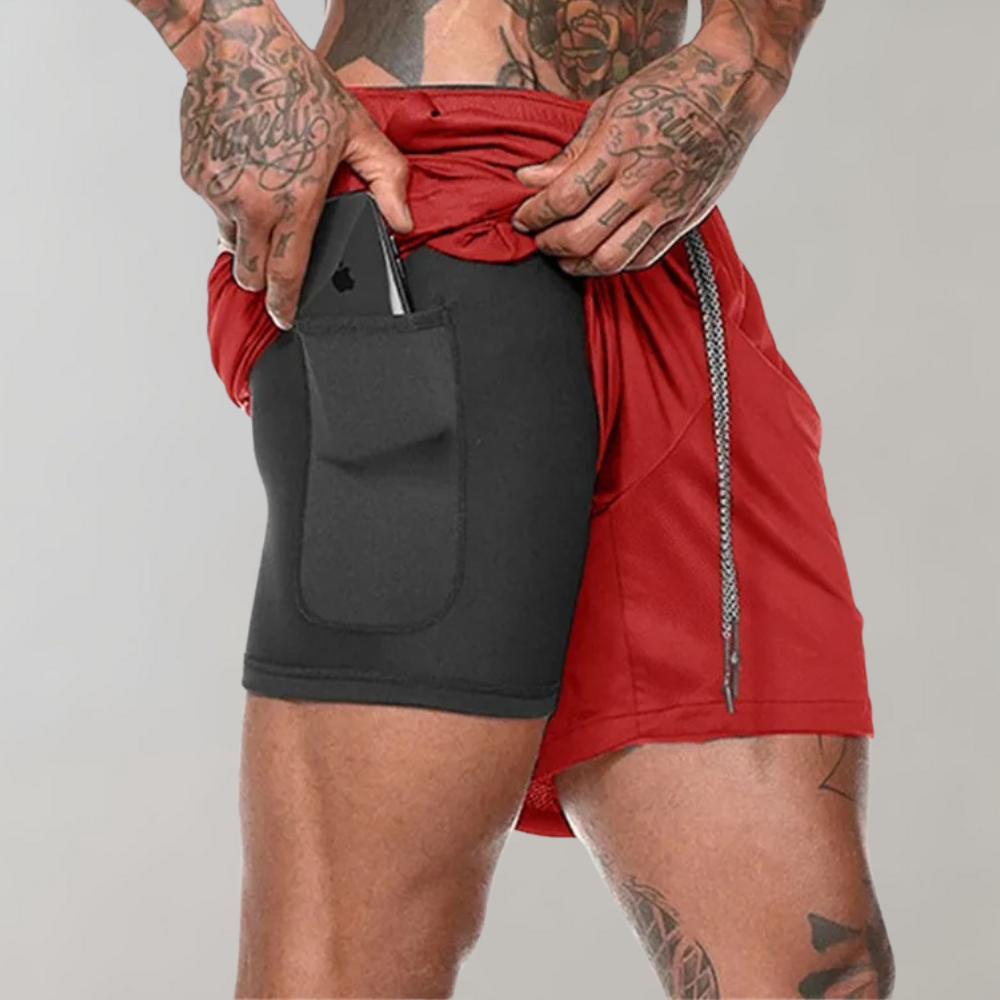 Herr träningsshorts – Slim Fit – 2-i-1 design – Andningsbart stretchtyg – Innerficka