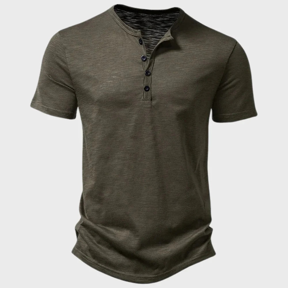 Herr T-shirt – Regular Fit – Mjukstickad – Henleykrage – Korta ärmar – Andningsbar