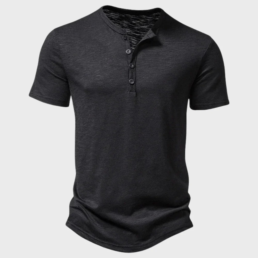 Herr T-shirt – Regular Fit – Mjukstickad – Henleykrage – Korta ärmar – Andningsbar