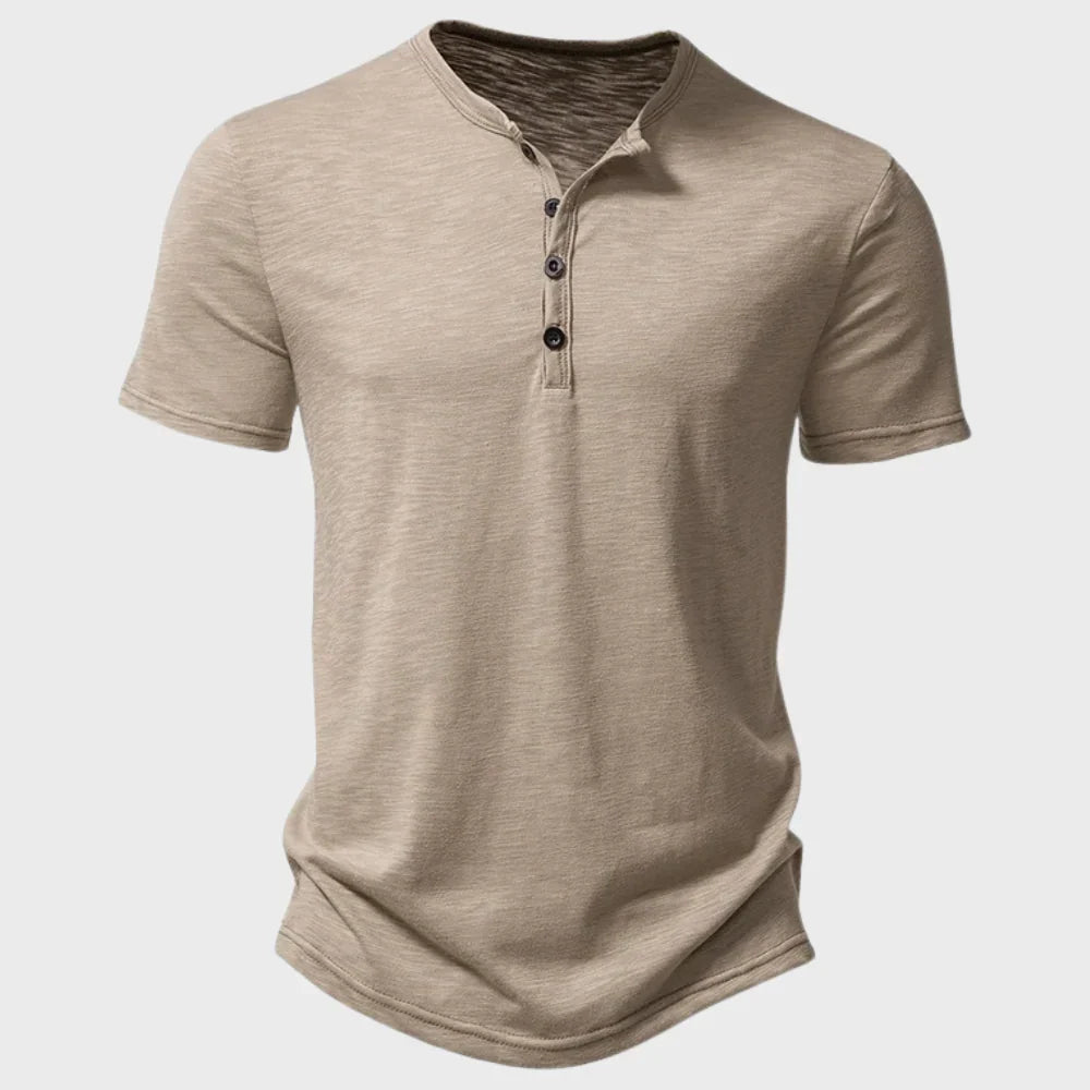 Herr T-shirt – Regular Fit – Mjukstickad – Henleykrage – Korta ärmar – Andningsbar
