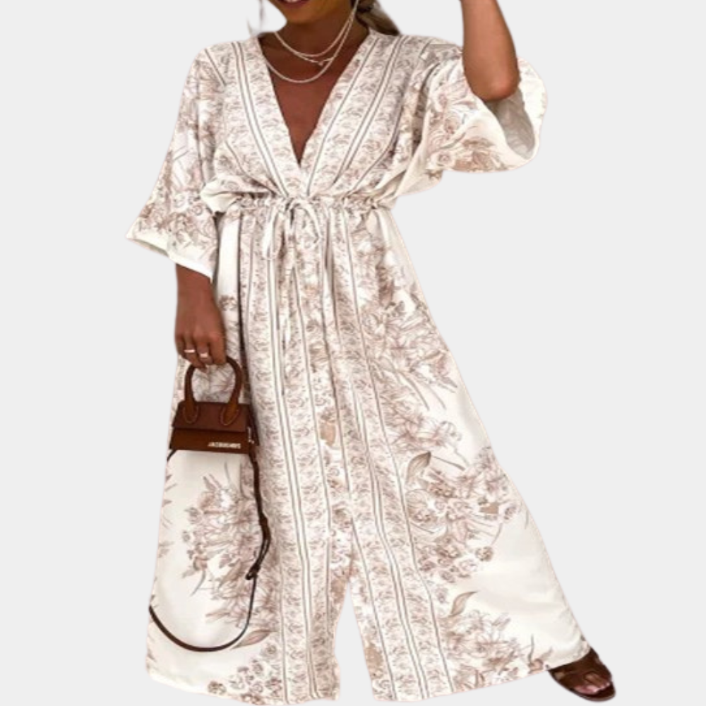 Damklänning Maxi - V-ringad - Smickrande Midjeband - Vida 3/4-Ärmar - Lätt Material