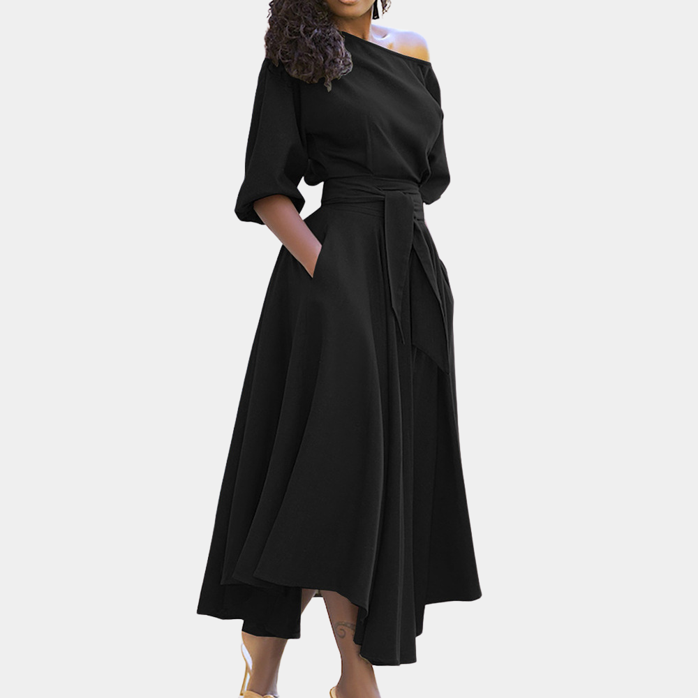 Dam Midi Klänning - Off-Shoulder - Markerad Midja med Knytbälte - Ärm till Armbåge - Med Fickor