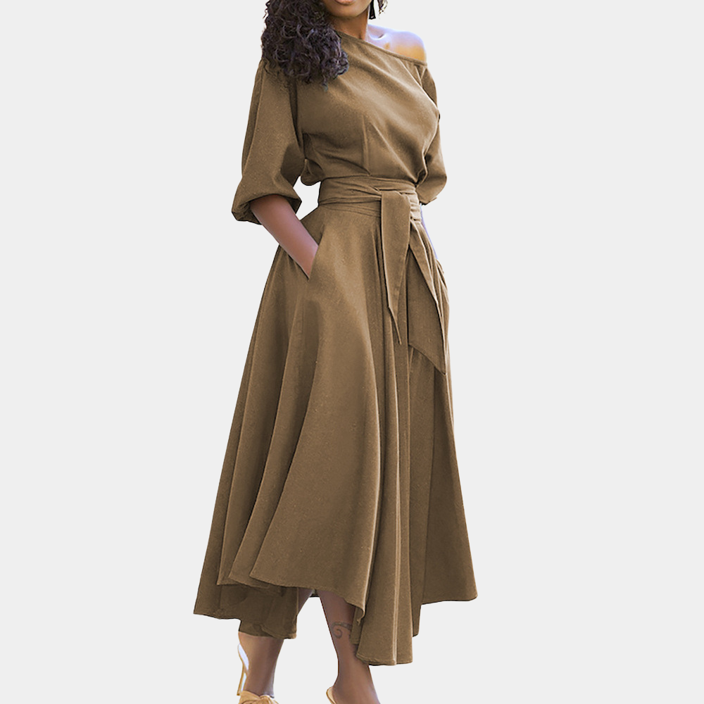 Dam Midi Klänning - Off-Shoulder - Markerad Midja med Knytbälte - Ärm till Armbåge - Med Fickor