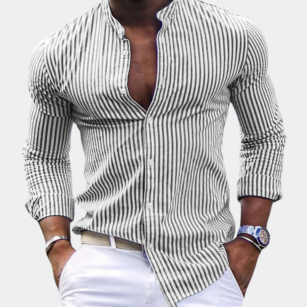 Herrskjorta – Slim Fit – Bandkrage – Vertikala Ränder – Andningsbart Material