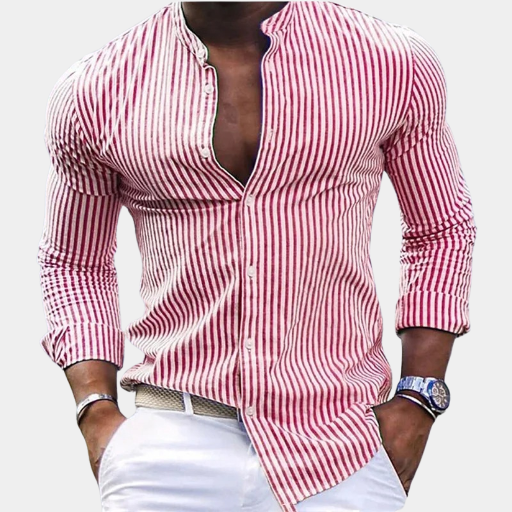 Herrskjorta – Slim Fit – Bandkrage – Vertikala Ränder – Andningsbart Material