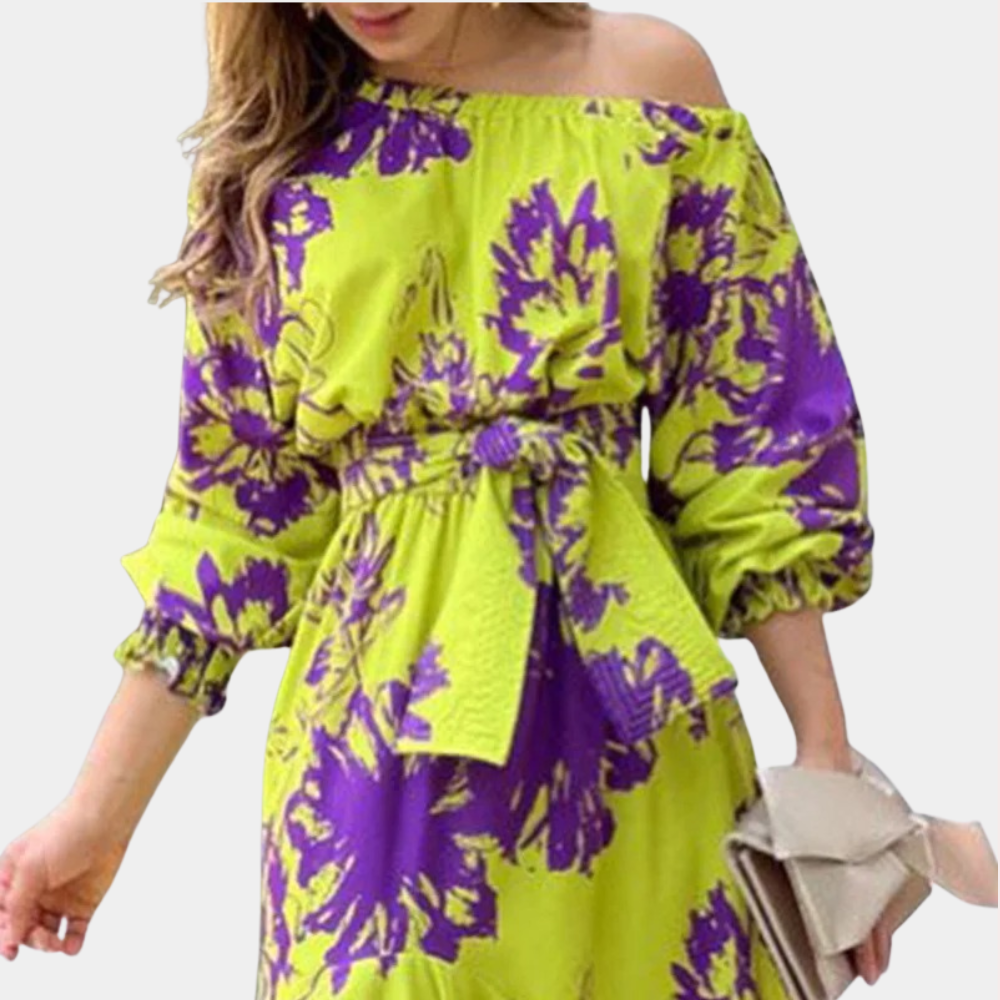 Dam Maxi Klänning - Off Shoulder - Blommigt Mönster - Trekvartsärm - Lös Passform
