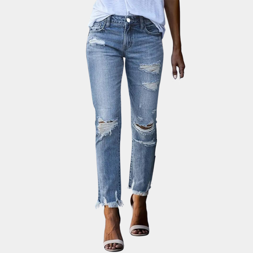 Dam Jeans - Slim Fit - Stretch - Rippade & Slitna - Trendig & Bekväm