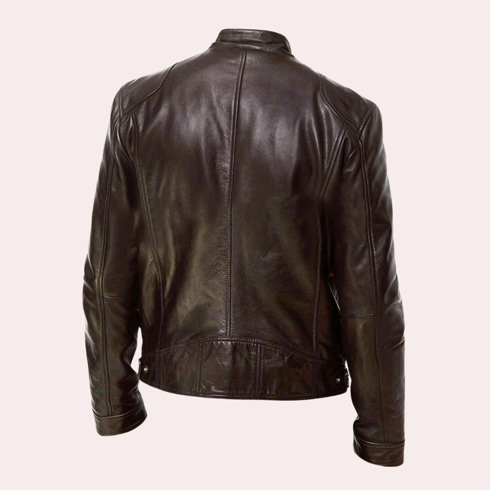 Herrjacka i Läder – Slim Fit – Ståkrage – Dragkedjefickor – Strukturerad Stil