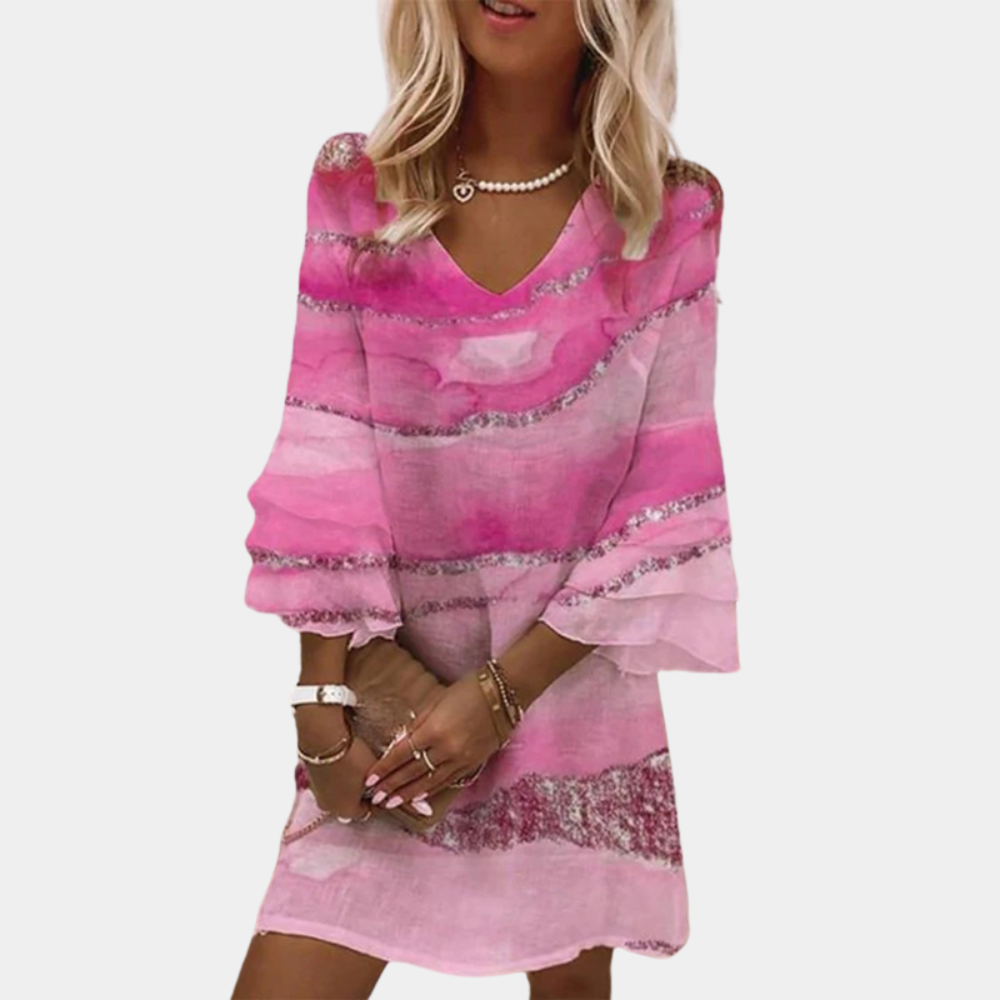 Damklänning – V-ringning – Korta Ärm med Volang – Lätt Tyg – Modern Mönster