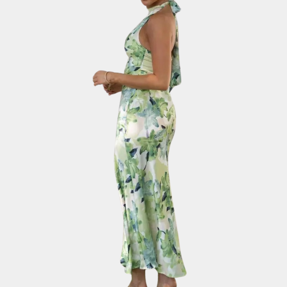 Dam Maxi Klänning - Halterneck - Blommigt Mönster - Figurnära och Elegant