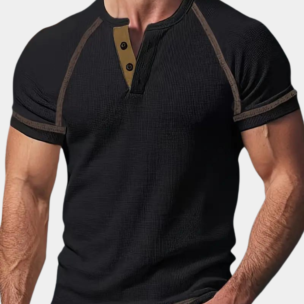 Herr T-shirt – Slim Fit – Henleykrage – Kortärmad – Mjuk Andningsbar Stickad