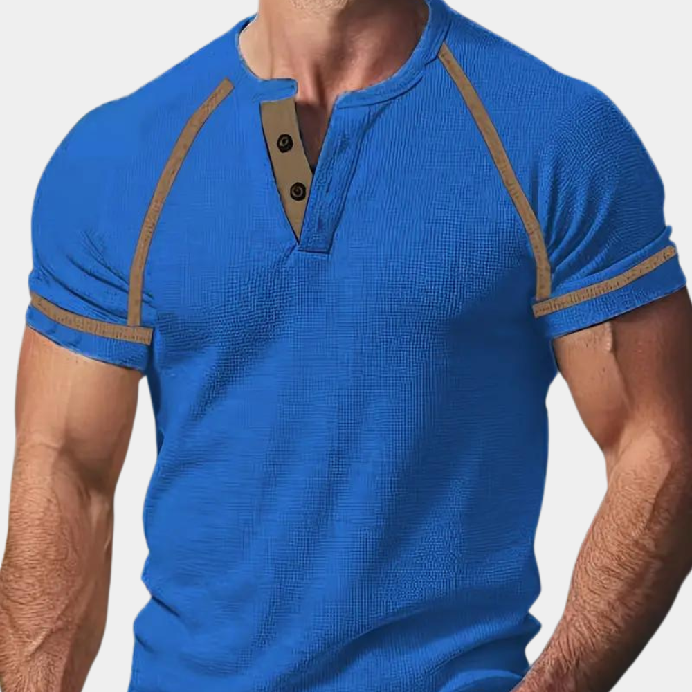 Herr T-shirt – Slim Fit – Henleykrage – Kortärmad – Mjuk Andningsbar Stickad
