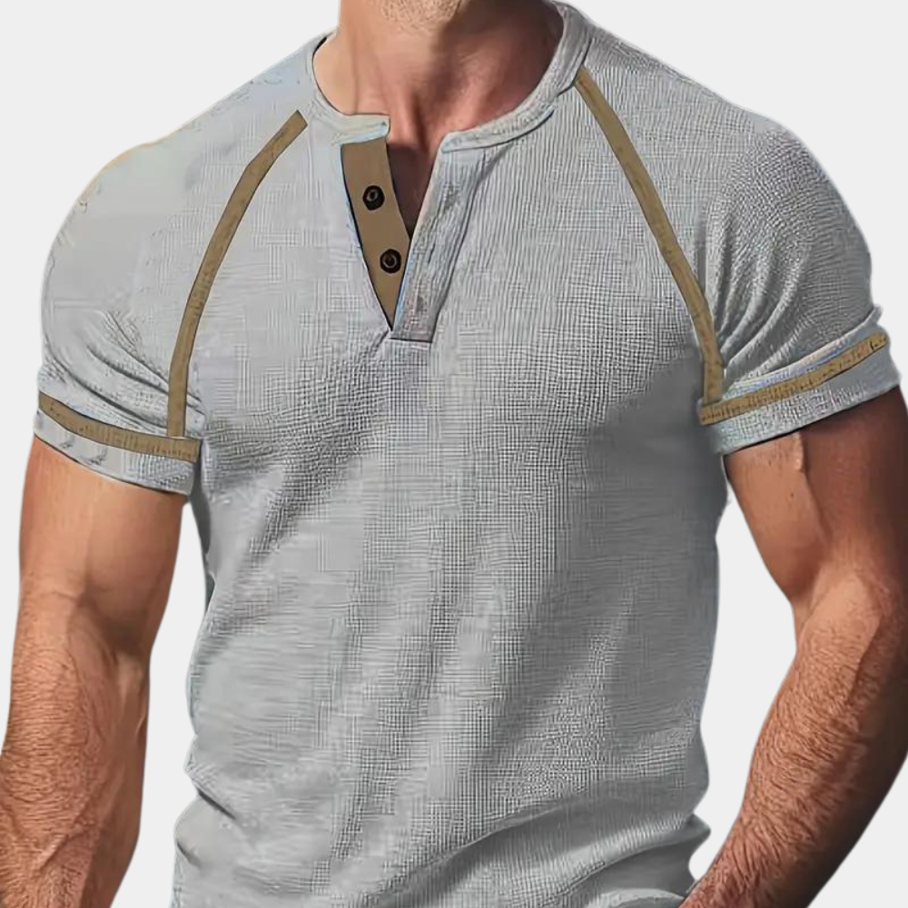 Herr T-shirt – Slim Fit – Henleykrage – Kortärmad – Mjuk Andningsbar Stickad