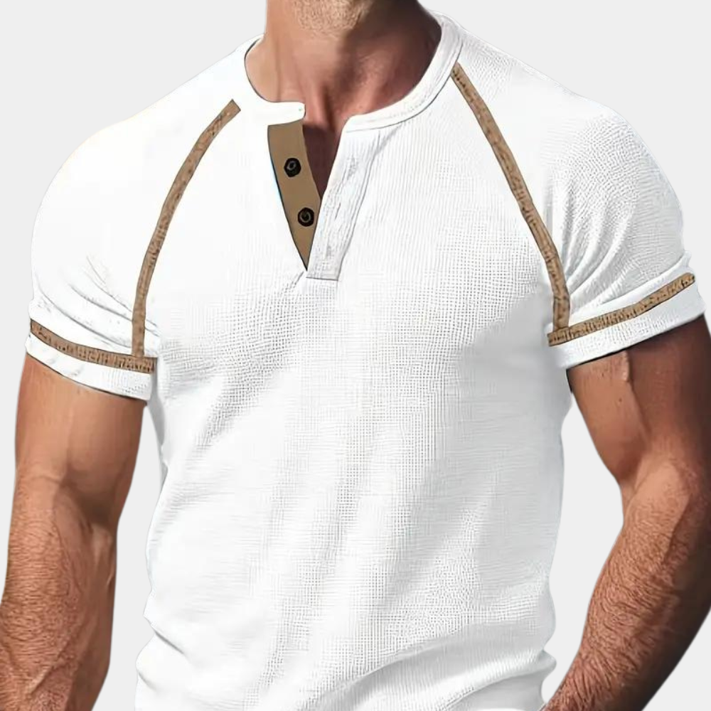 Herr T-shirt – Slim Fit – Henleykrage – Kortärmad – Mjuk Andningsbar Stickad