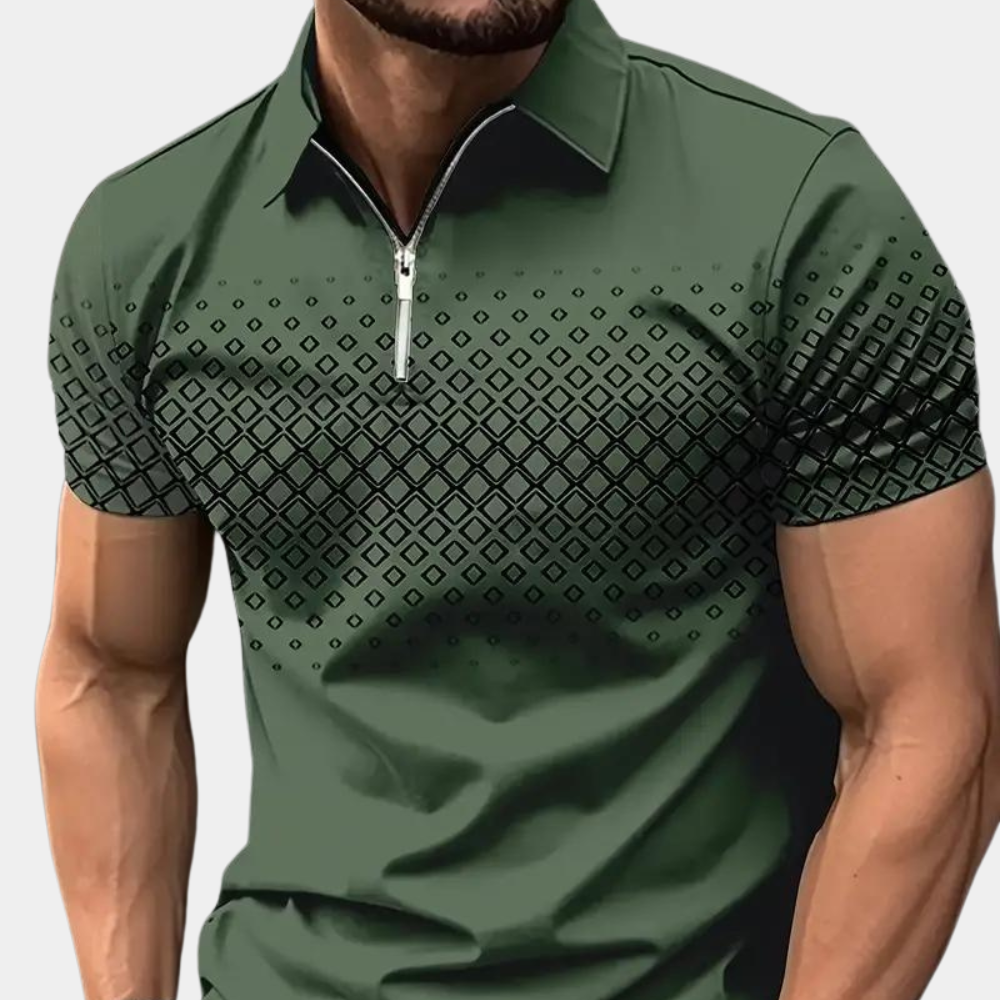 Herr Pikétröja – Slim Fit – Dragkedja – Geometriskt Mönster – Andningsbar Mix