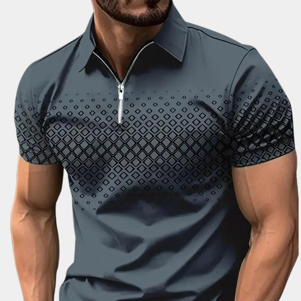 Herr Pikétröja – Slim Fit – Dragkedja – Geometriskt Mönster – Andningsbar Mix