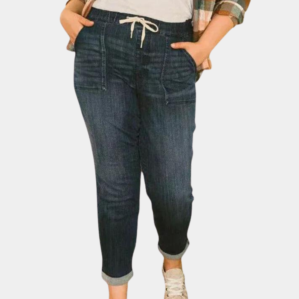 Dam Jeans - Hög Midja - Avslappnad Passform - Justerbar Dragsko - Raka Ben