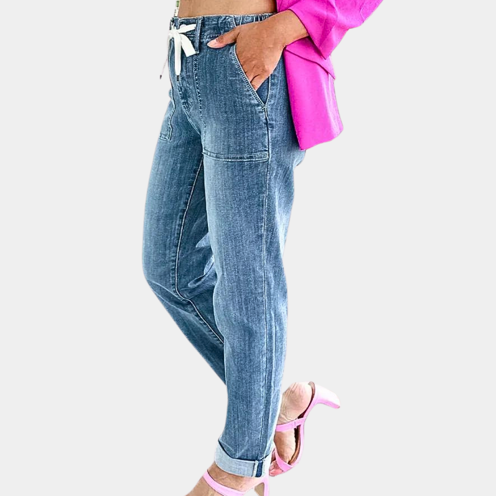 Dam Jeans - Hög Midja - Avslappnad Passform - Justerbar Dragsko - Raka Ben