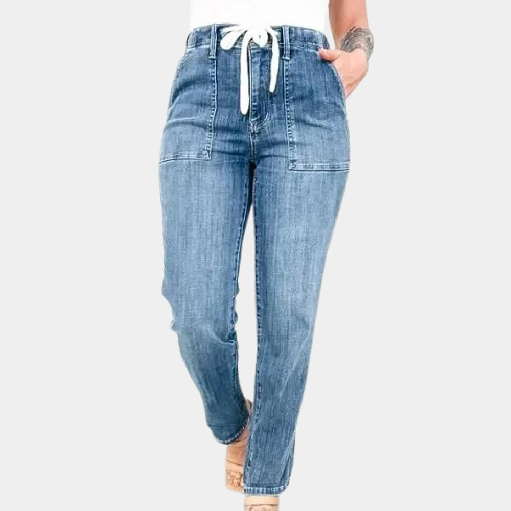 Dam Jeans - Hög Midja - Avslappnad Passform - Justerbar Dragsko - Raka Ben