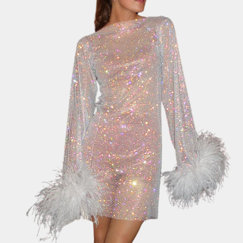 Dams Klänning – Transparent Mesh – Prickigt Mönster – Fjäderdetaljer – Figurnära Mini