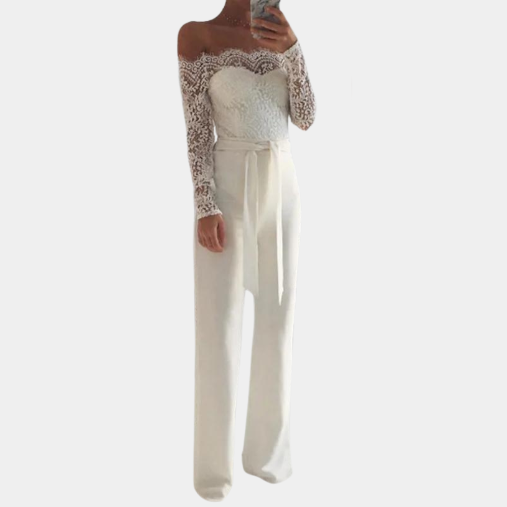 Damdress Jumpsuit - Off-Shoulder - Spetsdetaljer - Långa Ärmar - Elegant Passform
