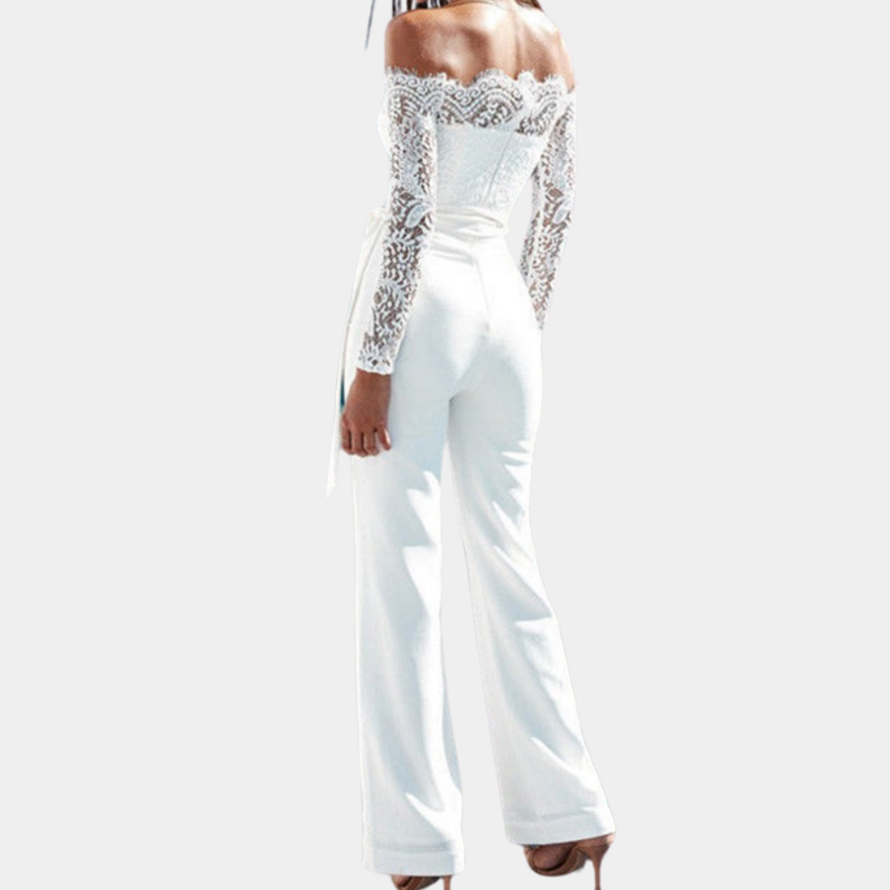Damdress Jumpsuit - Off-Shoulder - Spetsdetaljer - Långa Ärmar - Elegant Passform