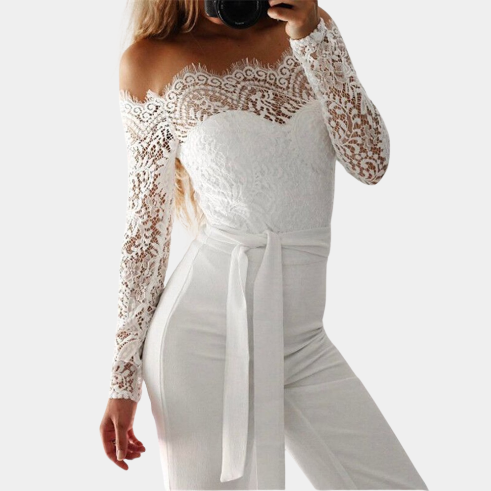Damdress Jumpsuit - Off-Shoulder - Spetsdetaljer - Långa Ärmar - Elegant Passform