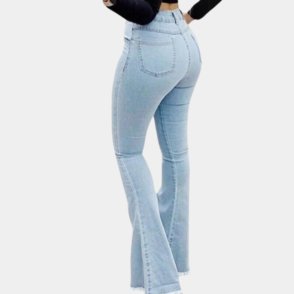Dam Bootcut Jeans - Midja med Normal Passform - Trendiga Slitna Detaljer - Denim