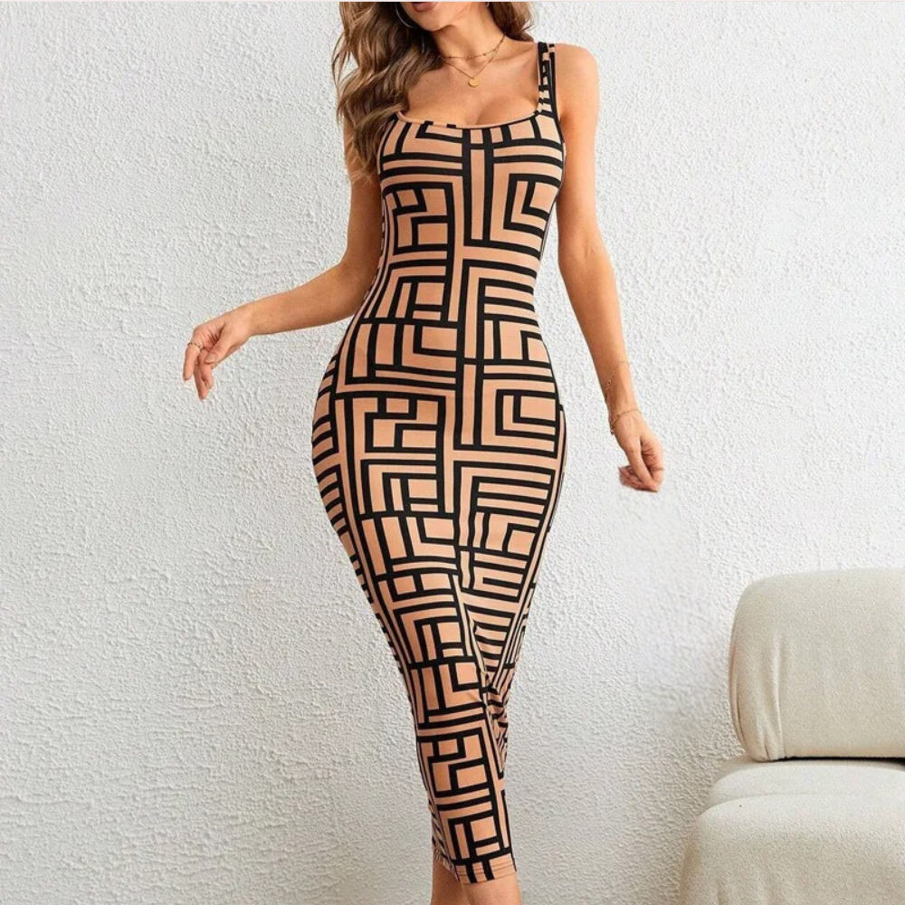 Dam Bodycon Maxiklänning – Geometriskt Mönster – Fyrkantig Halsringning – Breda Axelband
