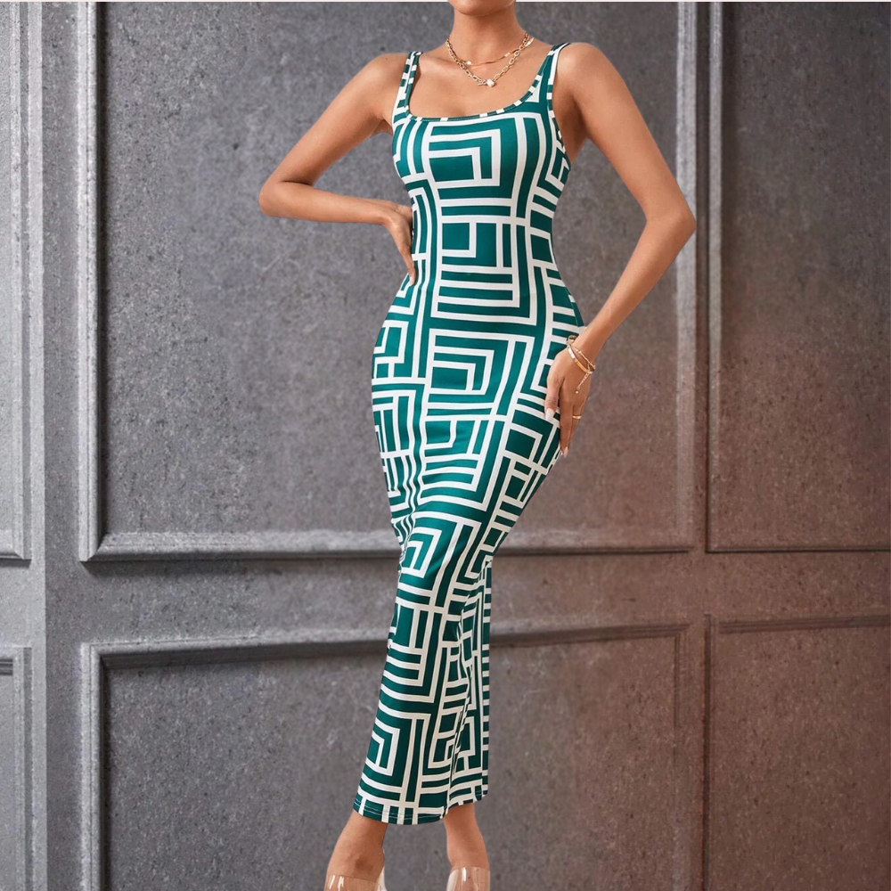 Dam Bodycon Maxiklänning – Geometriskt Mönster – Fyrkantig Halsringning – Breda Axelband
