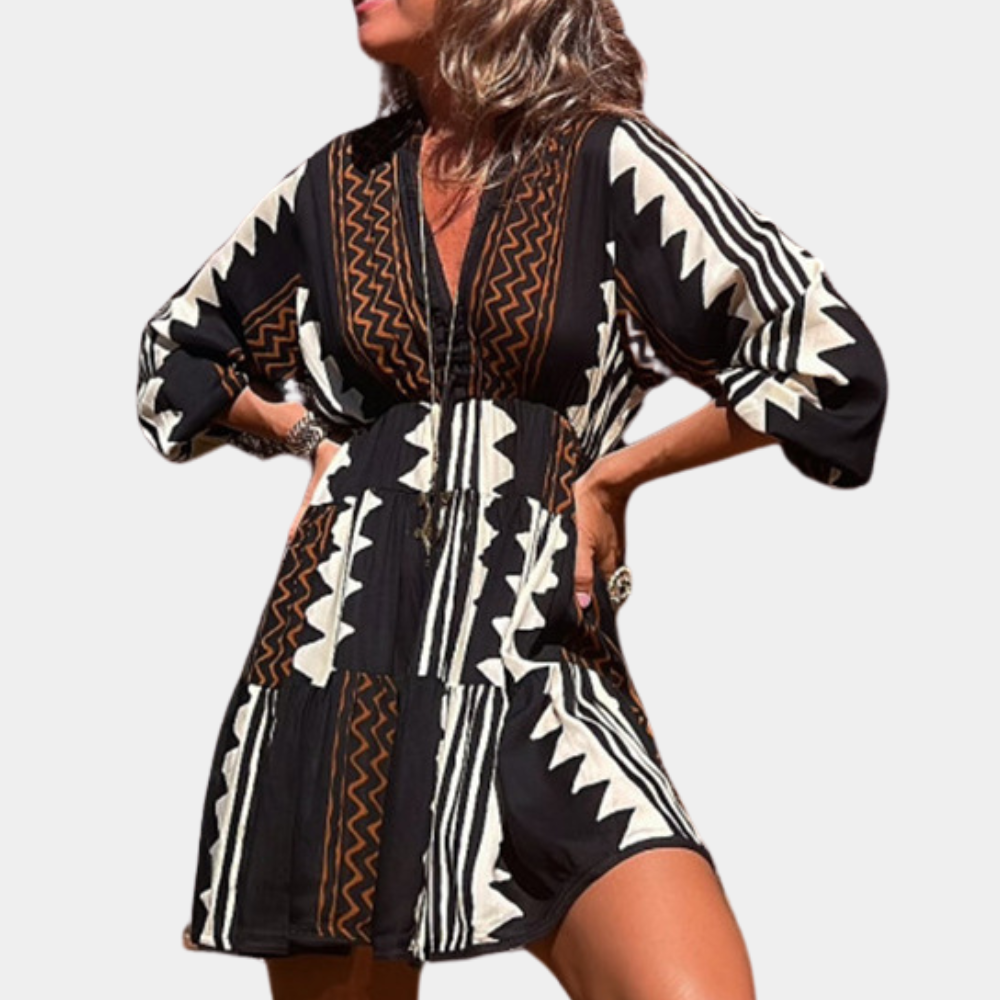 Damtunika - Lös Passform - V-ringning - Trekvartsärmar - Geometriskt Mönster