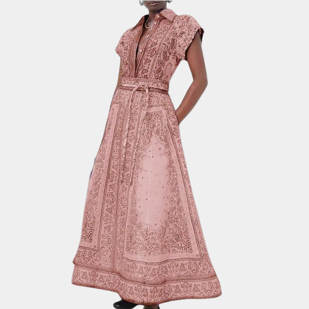 Damklänning - Maxilängd - Paisleymönster - Skjortkrage - Bälte - Kort ärm - Fickor