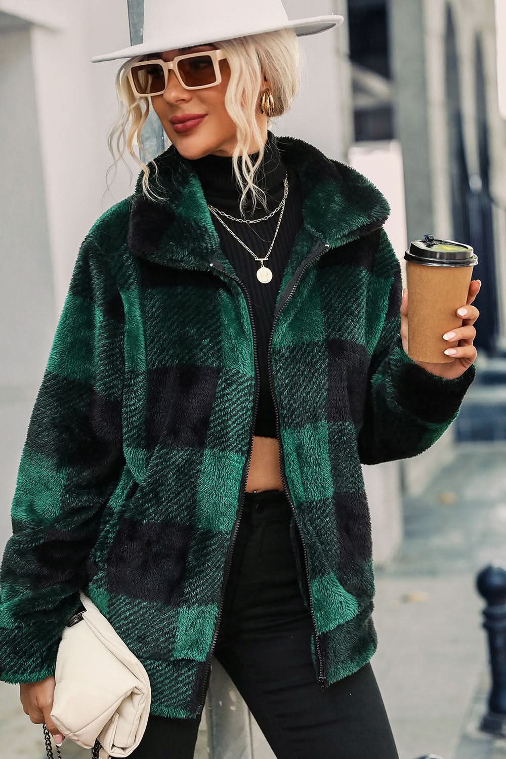 Dam Jacka - Fluffig Fleece - Rutig - Hög Krage - Dragkedja - Casual Passform