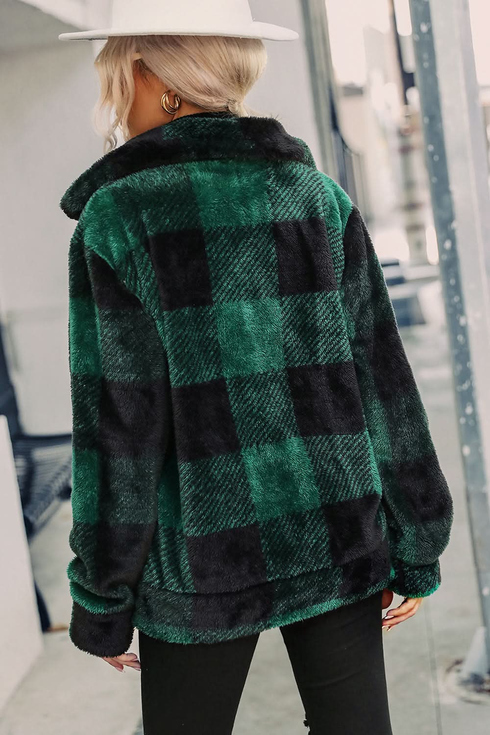 Dam Jacka - Fluffig Fleece - Rutig - Hög Krage - Dragkedja - Casual Passform