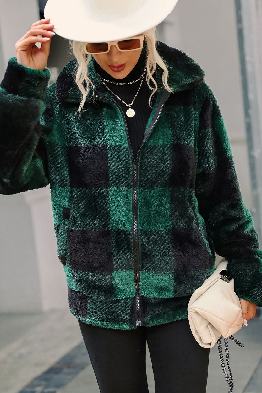 Dam Jacka - Fluffig Fleece - Rutig - Hög Krage - Dragkedja - Casual Passform