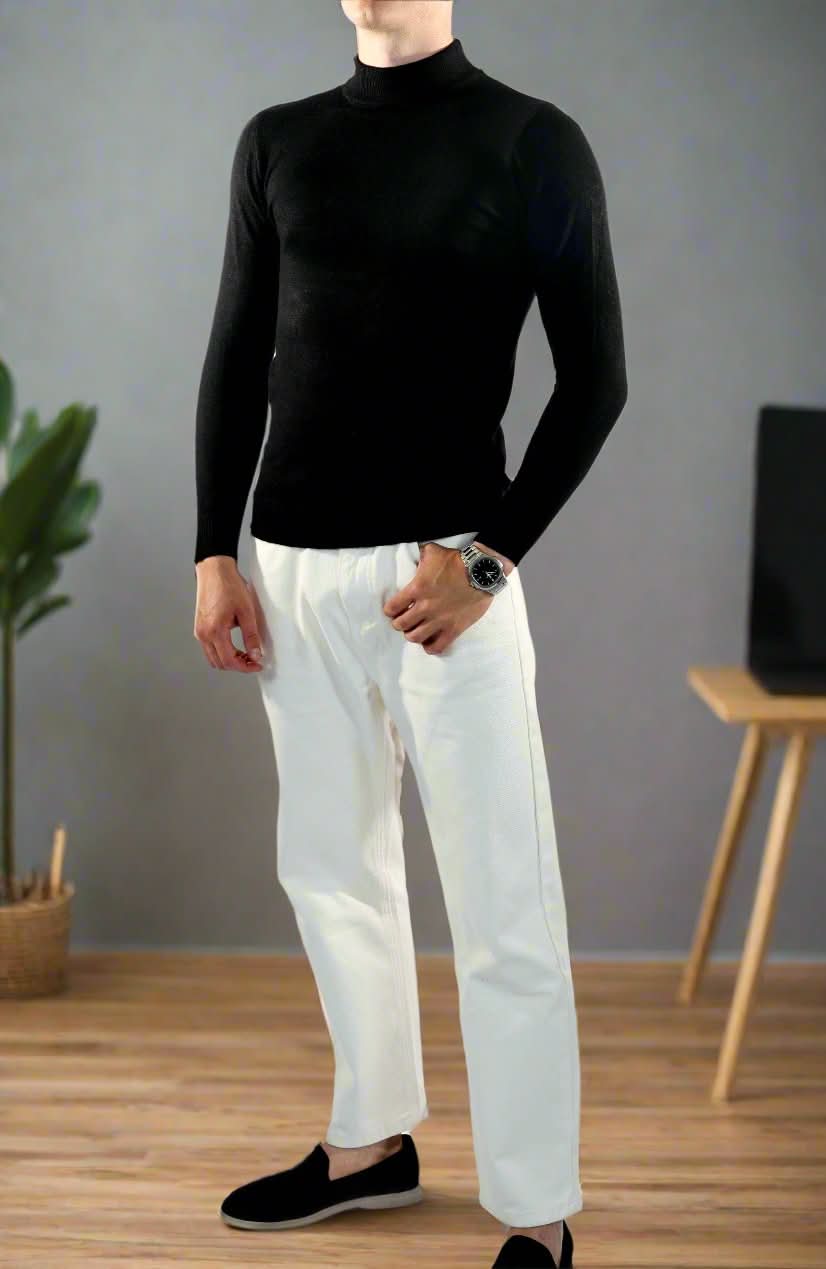 Herr Polotröja - Mjuk Stickad Bomull - Slim Fit - Långärmad Klassisk Design