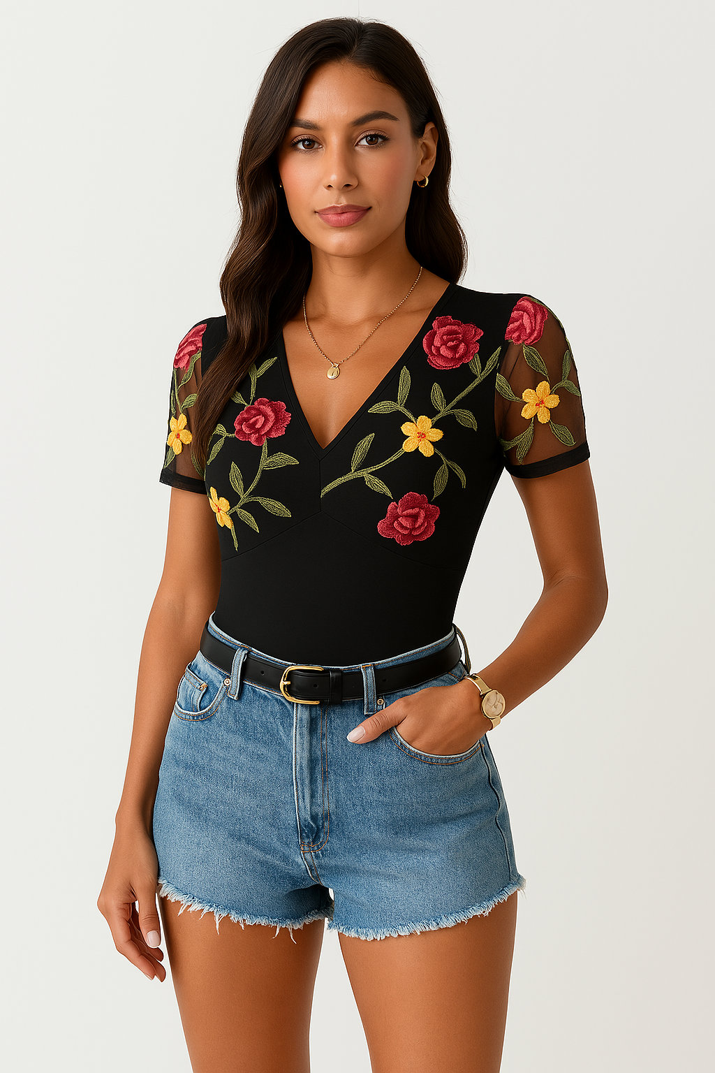 Dam Bodysuit – Slim Fit – V-ringning – Broderade Meshärmar – Stretchmaterial