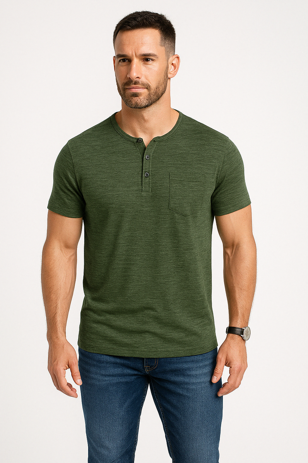 Herr T-shirt – Slim Fit – Mjuk Bomullsblandning – Kort Ärm – Henleykrage – Ficka