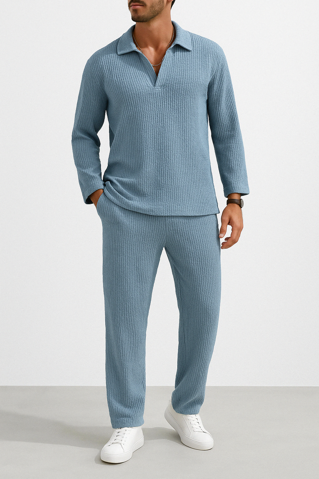 Herr Loungewear-set – Avslappnad Passform – Ribbad Mjuk Trikå – Krage & Hellång Arm